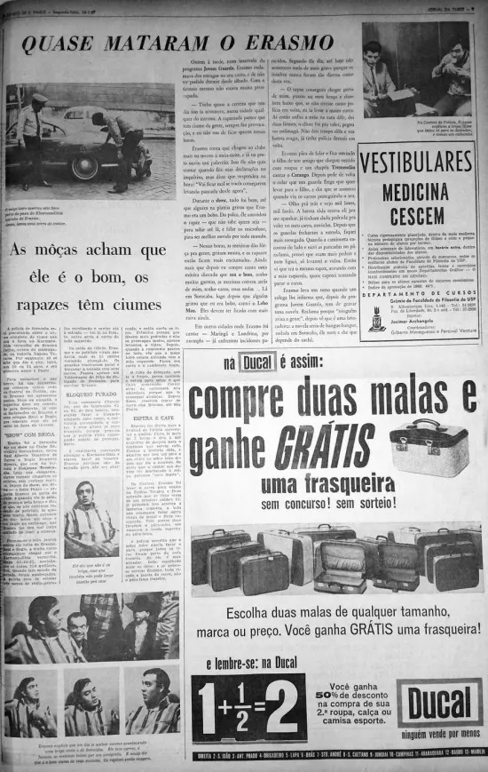 Fac-símile da edição de 17 de janeiro de 1967 com a notícia de quando "quase mataram o Erasmo"