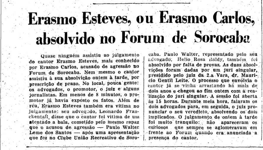 Fac-símile da edição de abril de 1969 do Jorna da Tarde com a notícia da absolvição de Erasmo Carlos