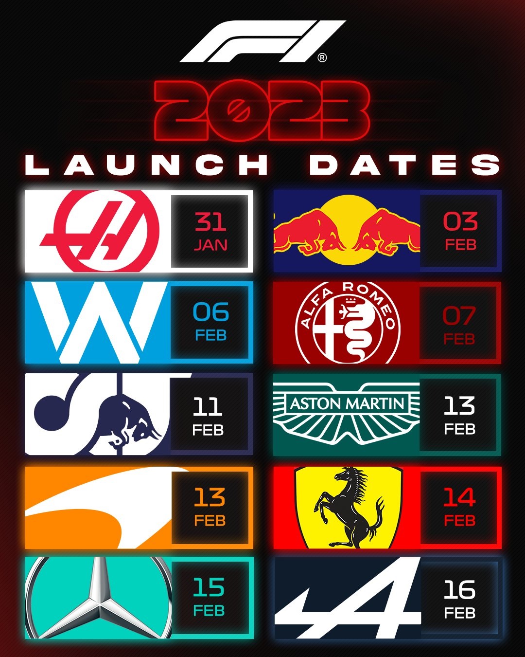 Veja o calendário de apresentações dos carros da F1 para 2023
