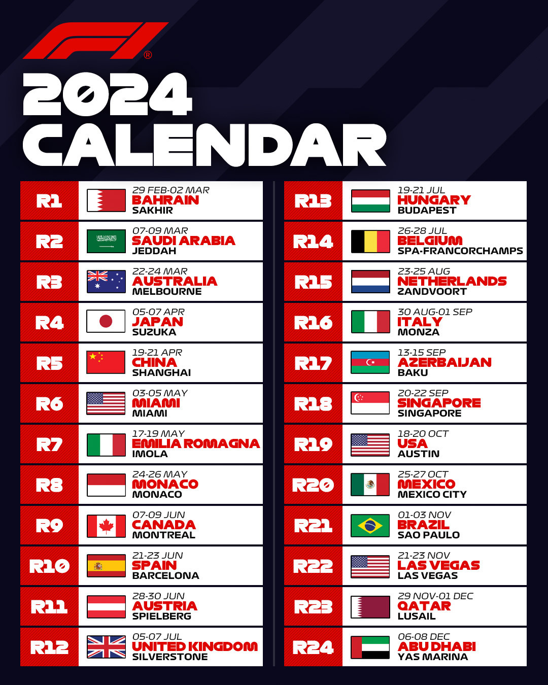 Fórmula 1 confirma calendário de 2024 com 24 corridas; veja como ficou