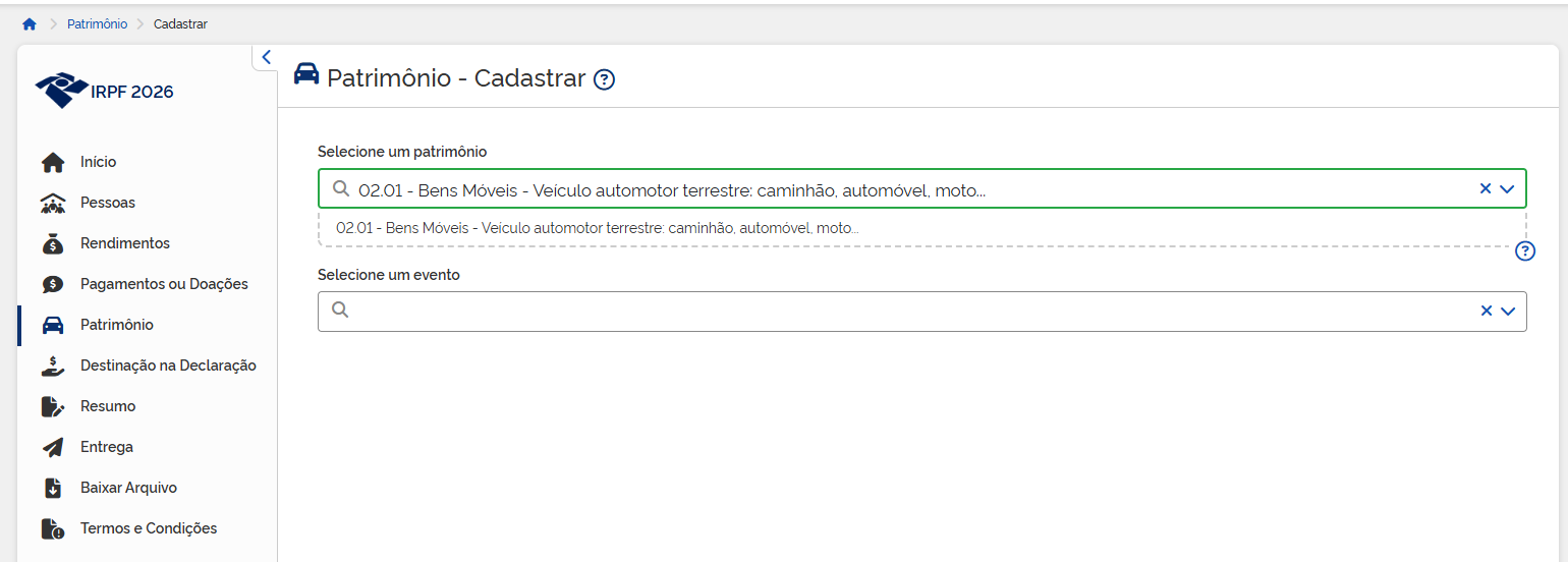 Interface online IRPF 2026 seção de patrimônio