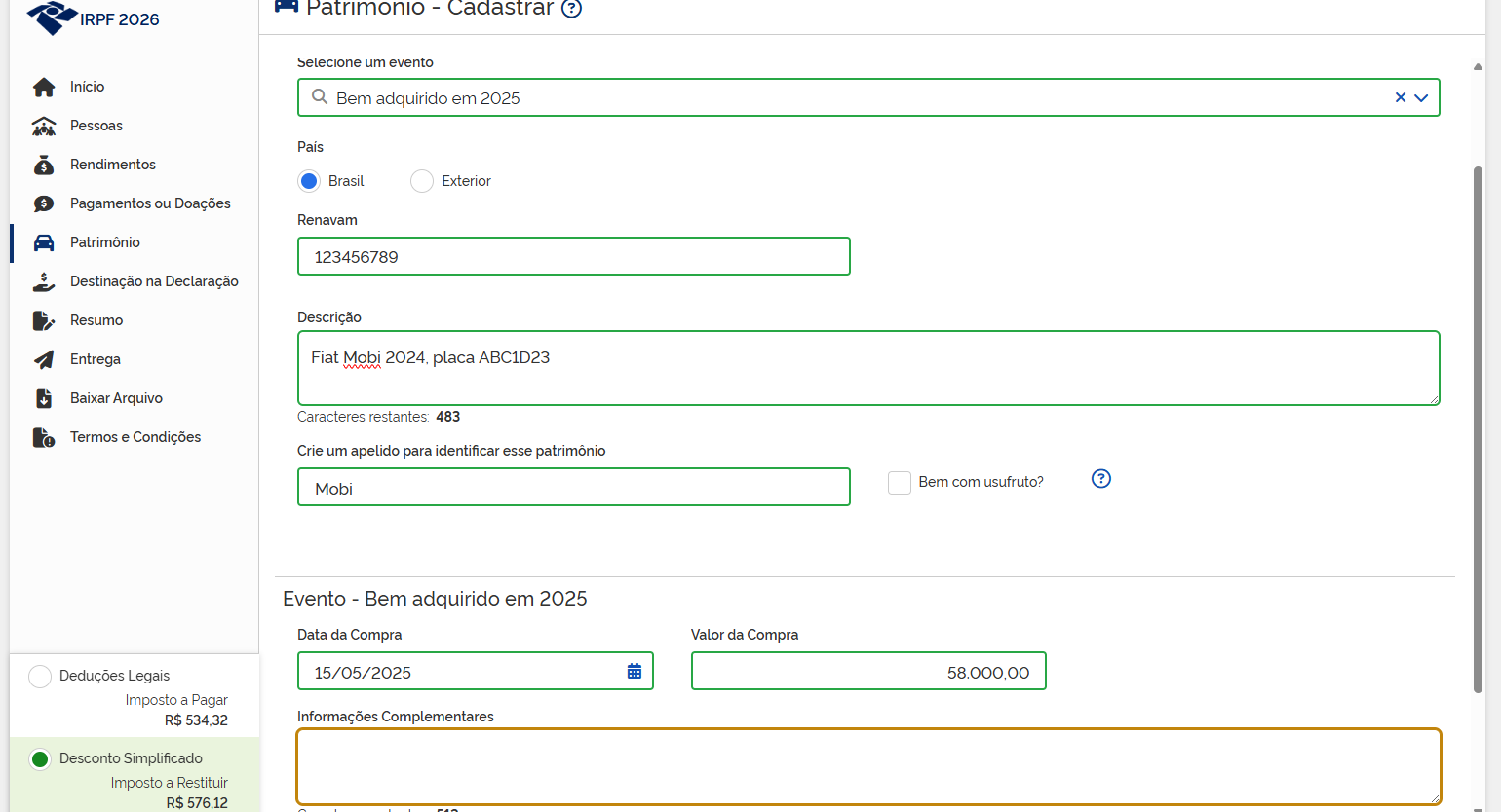Interface online IRPF 2026 seção de patrimônio