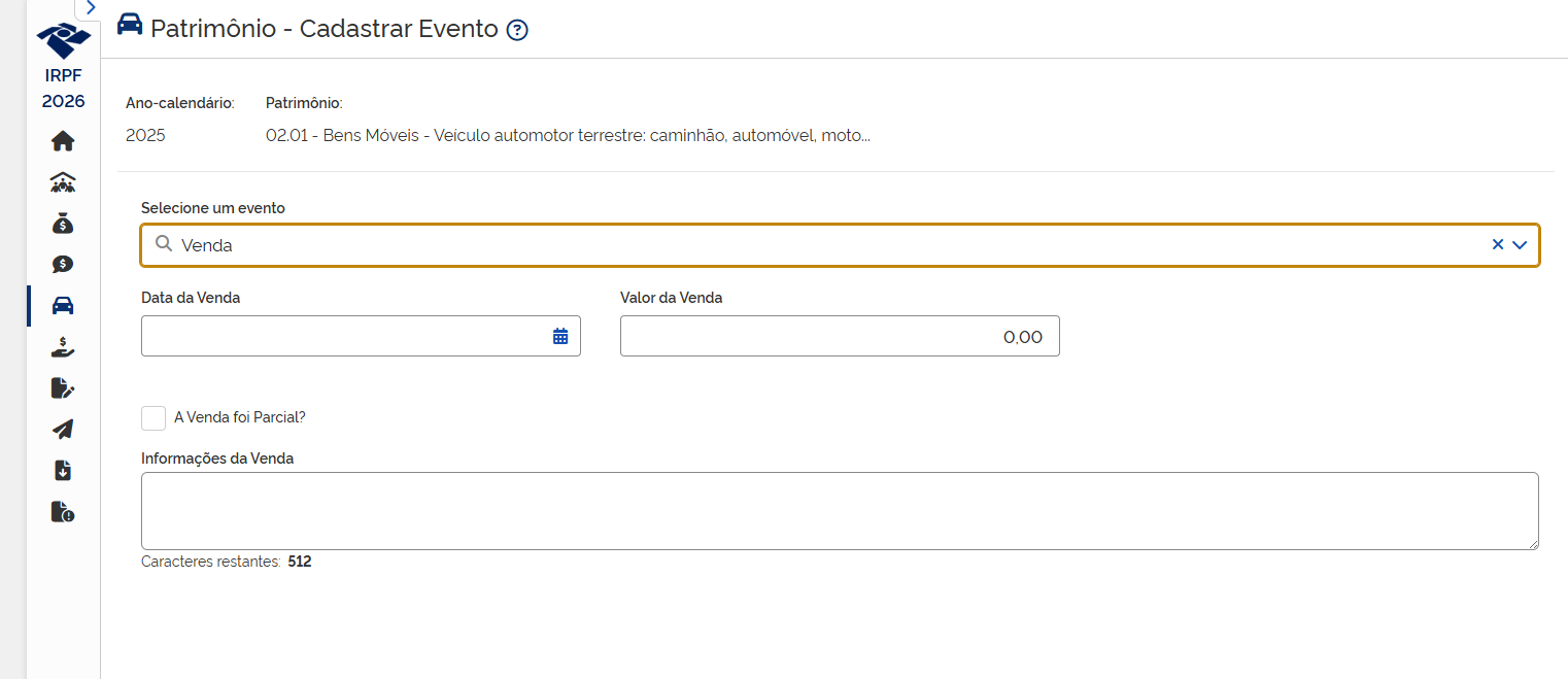 Interface online IRPF 2026 seção de patrimônio venda